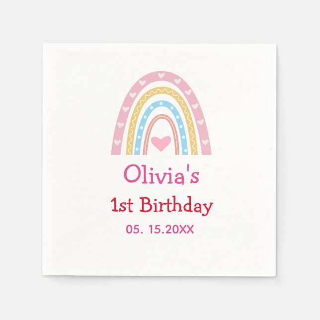 Serviette En Papier Pastel Rainbow avec le coeur Première fête d'anniv (Devant)