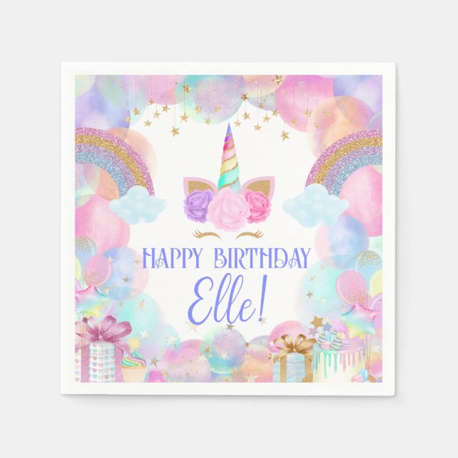 Serviette En Papier Pastel Rainbow Unicorn fête d'anniversaire (Devant)