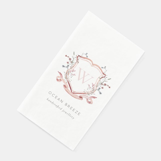 Serviette En Papier Pastel Rose Fleur sauvage Aquarelle Crest Monogram (Coin)