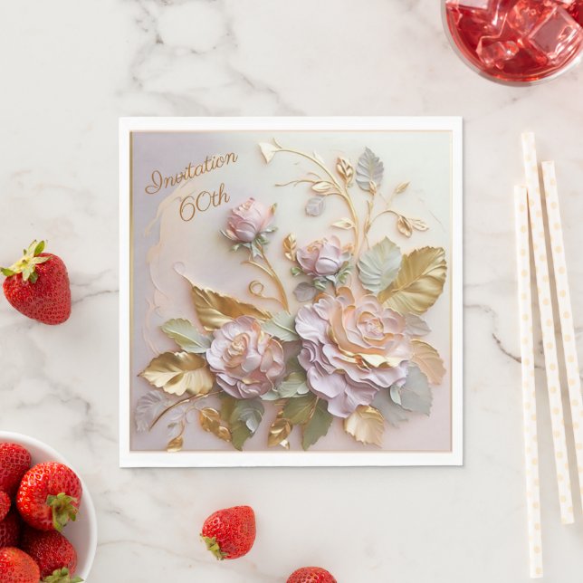 Serviette En Papier Pastel Rosegold Roses 60e Invitation (En situation)