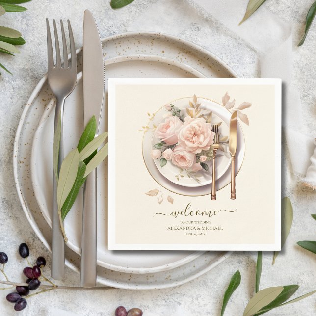Serviette En Papier Pastel Soft Blush Peach Floral Mariage (Créateur téléchargé)