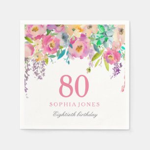 Serviette En Papier Pastel Watercolor Flowers 80e anniversaire