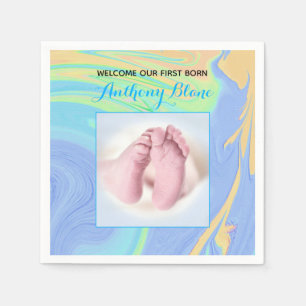 Serviette En Papier Pastels et Blue "Sip and See" avec photo