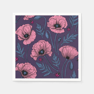 Serviette En Papier Pavot rose sur violet foncé