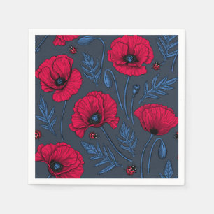 Serviette En Papier Pavot rouge et coccinelle bleu foncé