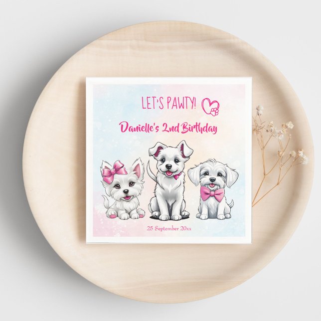 Serviette En Papier Pawty rose mignon chiots d'anniversaire imprimé (Let's pawty pink cute white puppies with pink bows birthday party printed napkins personalized decor)