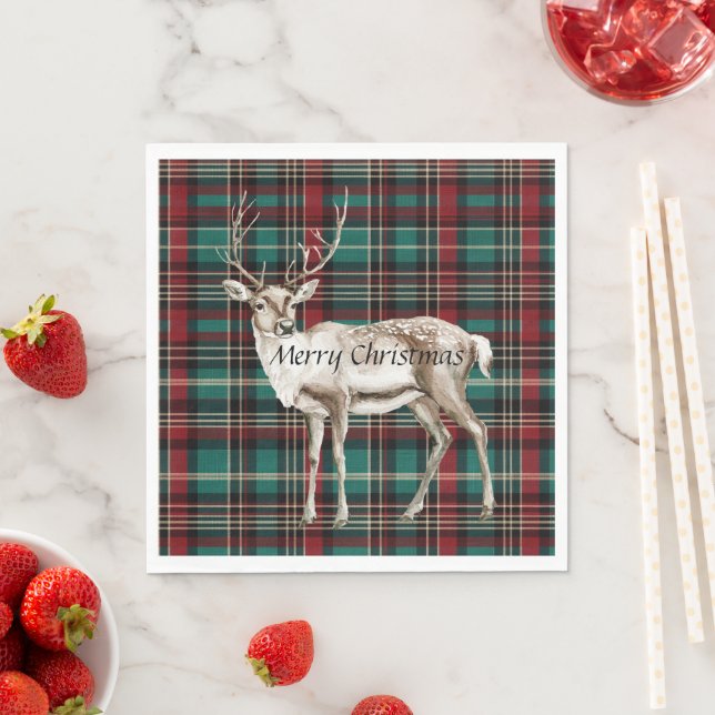 Serviette En Papier Pays Red Green Plaid Christmas Deer (En situation)