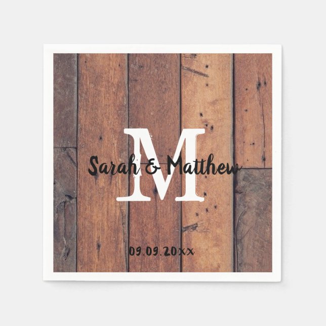 Serviette En Papier Pays Rustic Bois Monogramme Mariage Nuptiale (Devant)