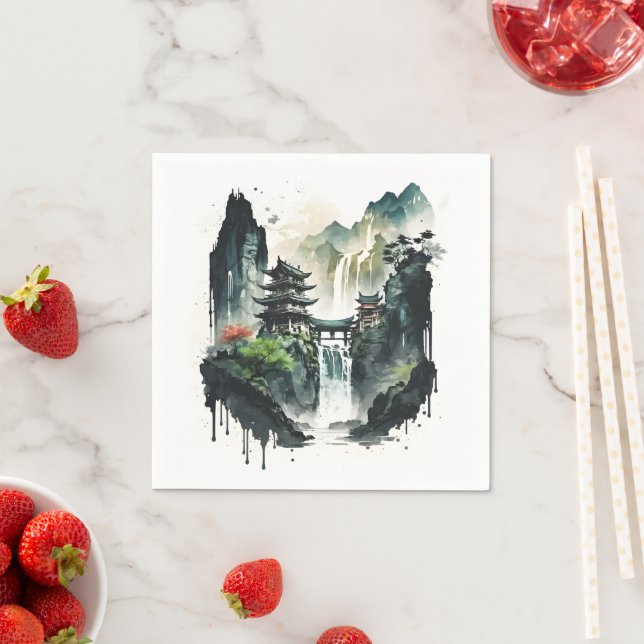 Serviette En Papier Paysage antique de l'encre chinoise avec cascade (En situation)