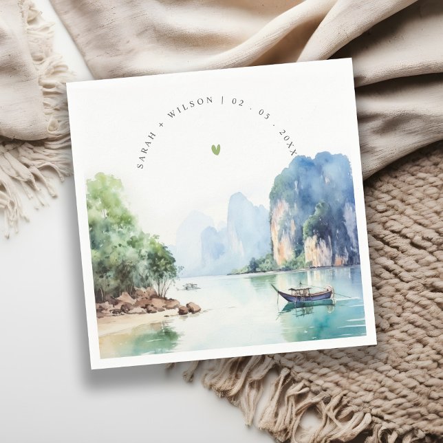 Serviette En Papier Paysage de mariage côtier en Thaïlande à l'aquarel (Créateur téléchargé)
