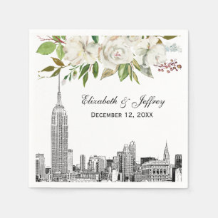 Serviette En Papier Paysage de NYC aquarelle florale blanche mariage