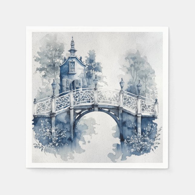 Serviette En Papier Paysage de style Delft bleu et blanc (Devant)