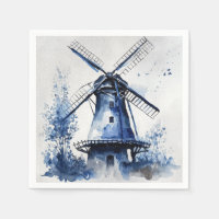 Paysage de style Delft bleu et blanc avec moulin à