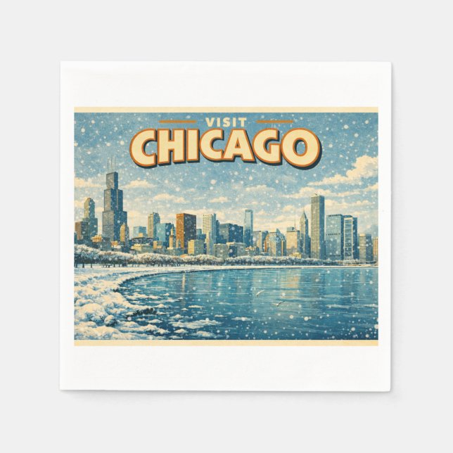 Serviette En Papier Paysage urbain de Chicago et lac Michigan en hiver (Devant)
