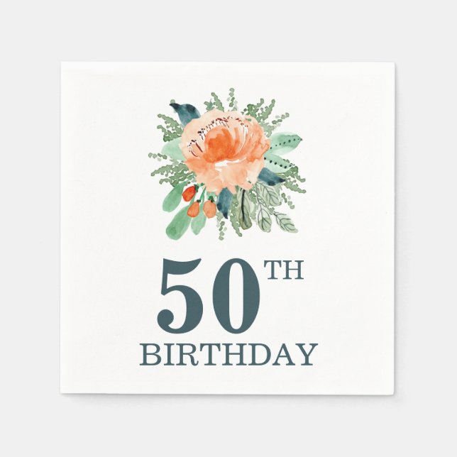 Serviette En Papier Peach Jade Aquarelle Turquoise Florale Anniversair (Devant)