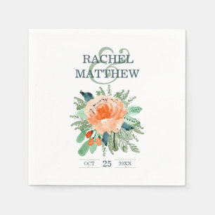 Serviette En Papier Peach Jade Turquoise Floral Aquarelle Mariage serv