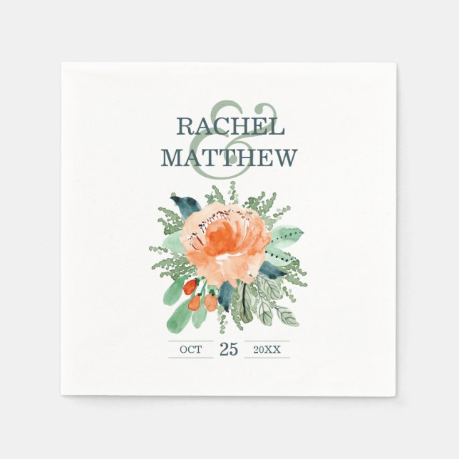 Serviette En Papier Peach Jade Turquoise Floral Aquarelle Mariage serv (Devant)