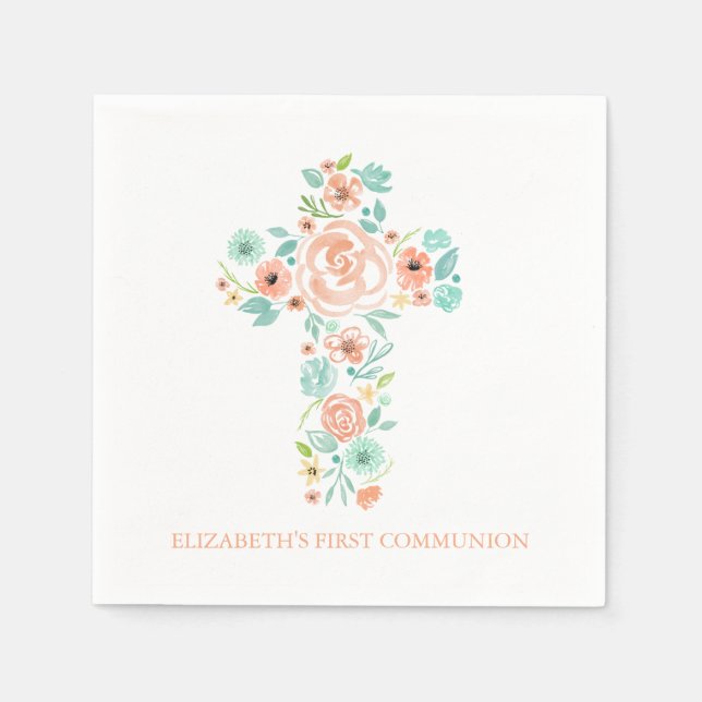 Serviette En Papier Peach Mint Aquarelle Flower Cross Première communi (Devant)