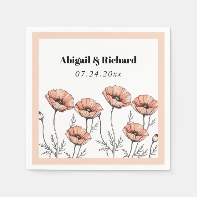 Serviette En Papier Peach rose poppies fleur sauvage mariage (Devant)