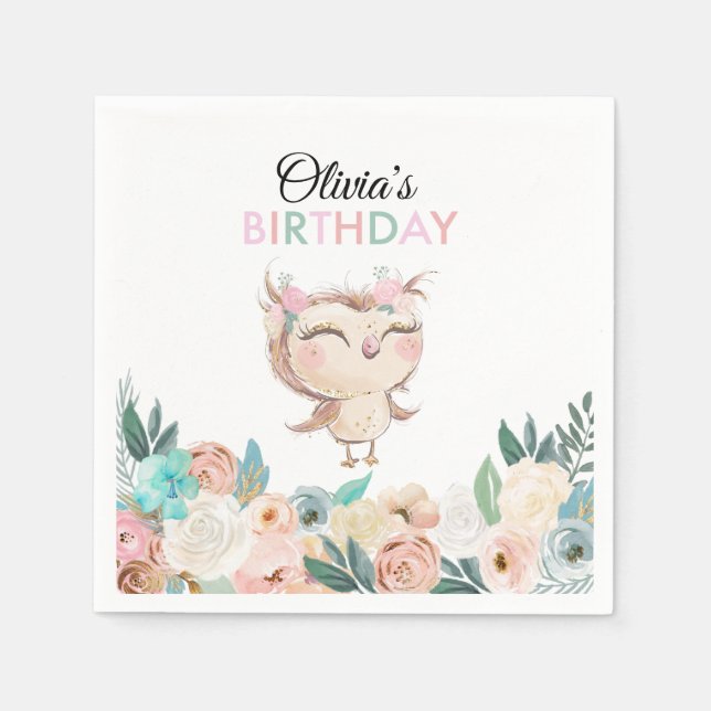 Serviette En Papier Peachy Owl Anniversaire serviettes (Devant)