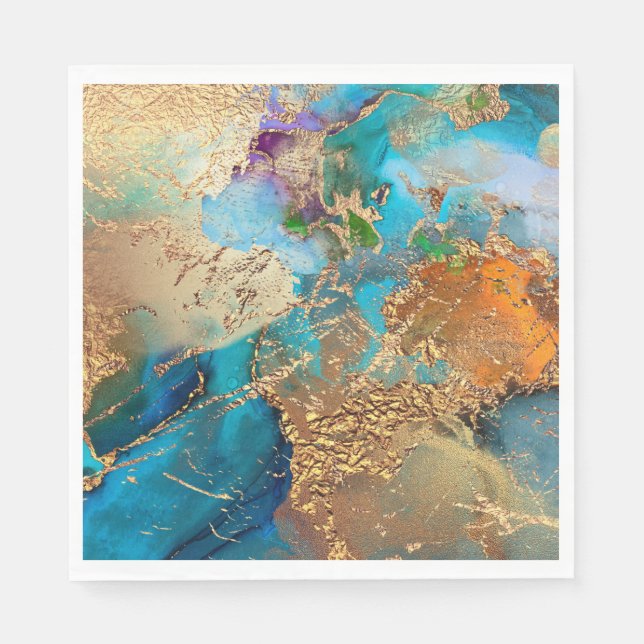 Serviette En Papier Peacock bleu violet faux or feuille stylisée (Devant)