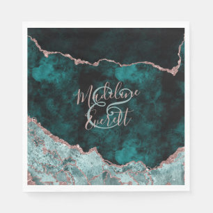 Serviette En Papier Peacock Green & Rose Gold Agate Mariage Monogramme