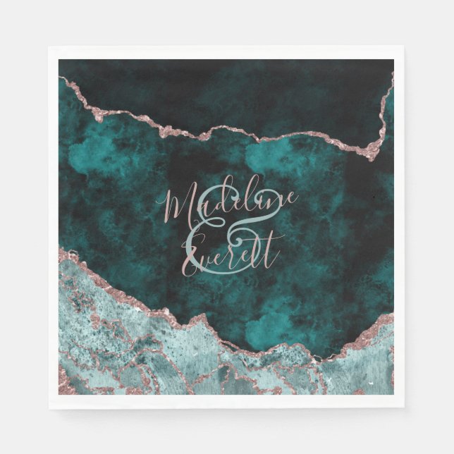Serviette En Papier Peacock Green & Rose Gold Agate Mariage Monogramme (Devant)