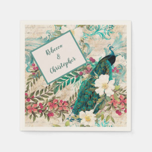 Serviette En Papier Peacocks et fleurs Turquoise, ivoire et or