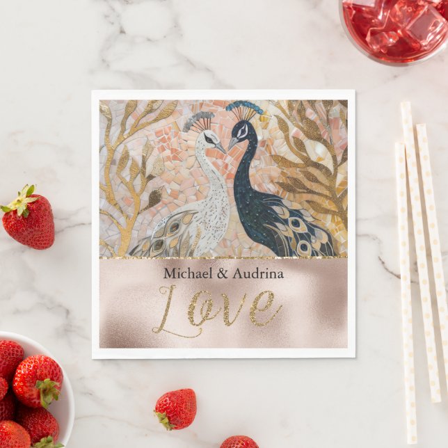 Serviette En Papier Peacocks Gold Parties scintillant Love Rose Mariag (En situation)