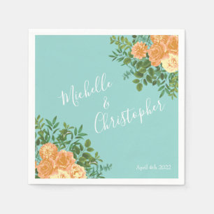 Serviette En Papier Pêche Aqua Turquoise Mariage Roses Floral