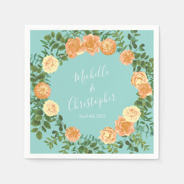 Serviette En Papier Pêche Aqua Turquoise Mariage Roses Floral (Devant)