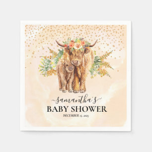 Serviette En Papier Pêche Aquarelle Florale Highland Vache Vache Bébé