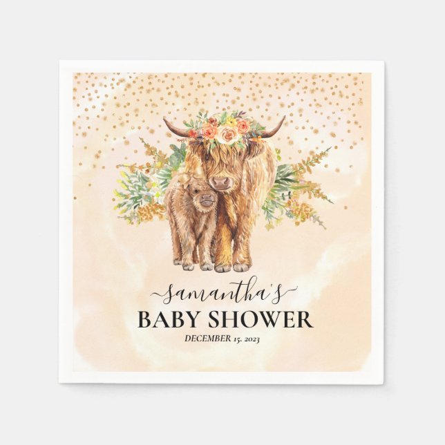 Serviette En Papier Pêche Aquarelle Florale Highland Vache Vache Bébé (Devant)