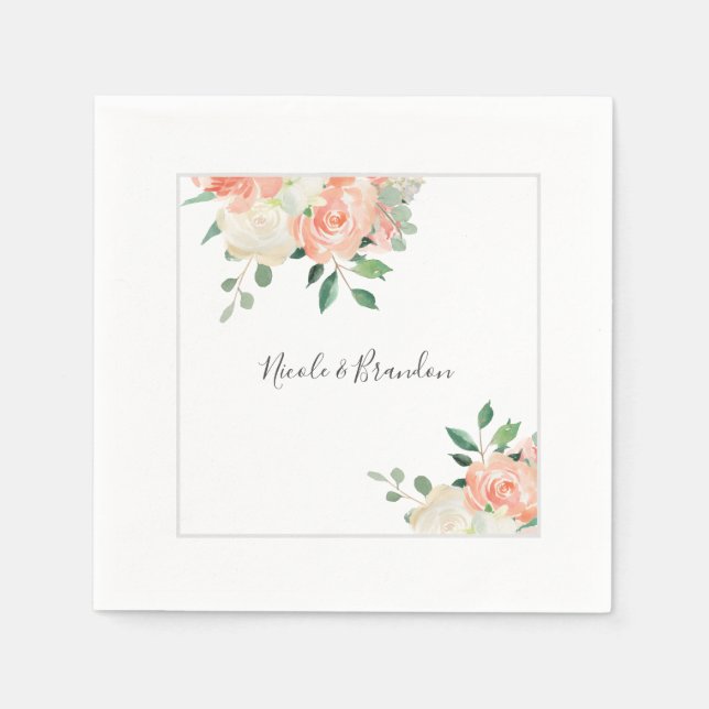 Serviette En Papier Pêche et Mariage floral blanc (Devant)