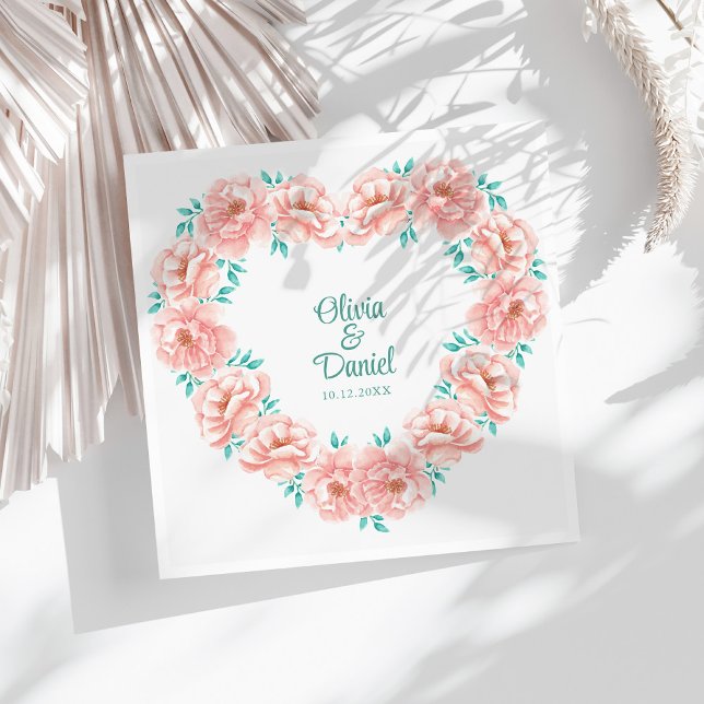 Serviette En Papier Pêche et Mariage floral turquoise (Peach and Turquoise Floral Wedding Paper Dinner Napkins on a sunny white table.)