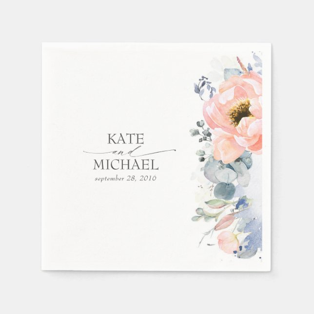 Serviette En Papier Pêche Floral Dusty Mariage bleu (Devant)