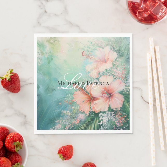 Serviette En Papier Pêche tropicale Hibiscus blanc Mariage floral (En situation)