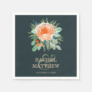 Serviette En Papier Pêcher l'aquarelle Floral sur Mariage Turquoise