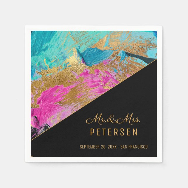 Serviette En Papier Peinture acrylique moderne mariage d'or Mr & Mrs. (Devant)