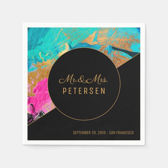 Serviette En Papier Peinture acrylique moderne mariage d'or Mr & Mrs. (Devant)