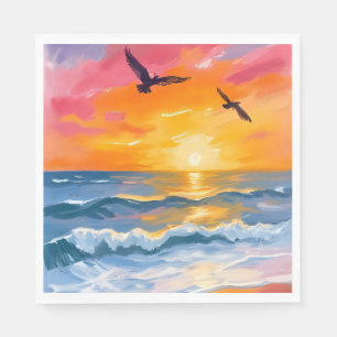Serviette En Papier Peinture de plage à l'aquarelle du coucher de sole