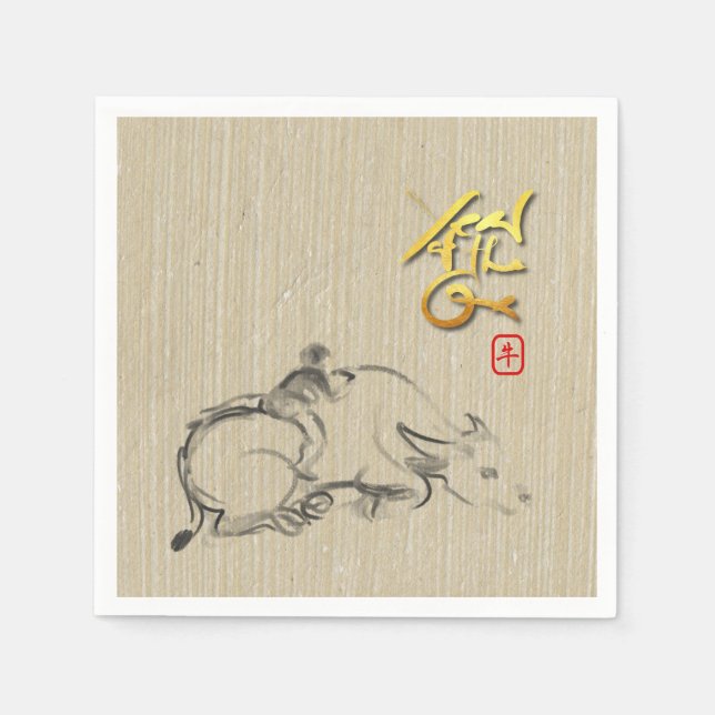 Serviette En Papier Peinture enfant Bison d'eau Chinois Ox Nouvel An N (Devant)