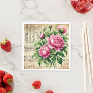 Serviette En Papier Peonies d'aquarelle rose et vert vintage Découpage