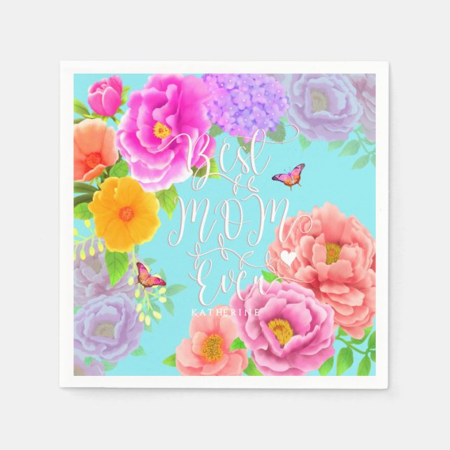 Serviette En Papier Peonies romantiques Jardin Bleu Meilleure maman (Devant)