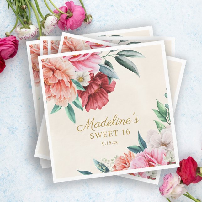 Serviette En Papier Peonies roses Bourgogne Floral Feuilles doux 16 (Créateur téléchargé)
