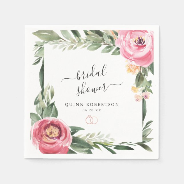 Serviette En Papier Peonies roses Fête des mariées florale Personnalis (Devant)