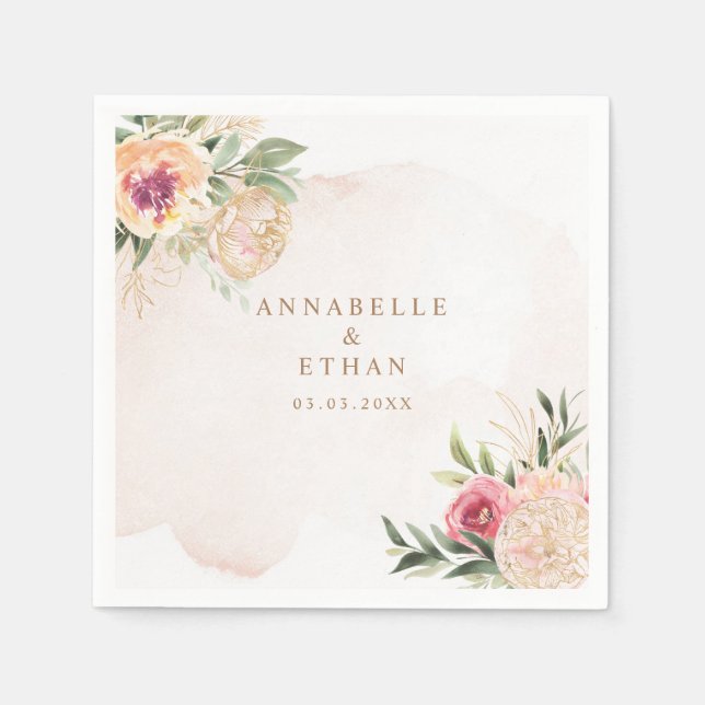Serviette En Papier Peony et or Foil Mariage Napkin (Devant)