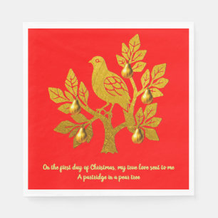Serviette En Papier Perdrix dans un arbre fruitier doré rouge vif Noël