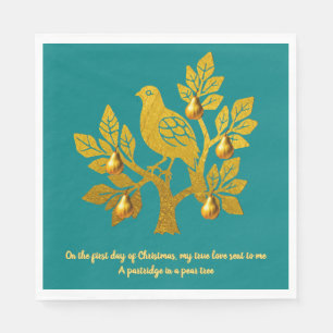 Serviette En Papier Perdrix dans un arbre fruitier Noël sarcelle or