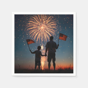 Serviette En Papier Père et fils tenant des drapeaux américains